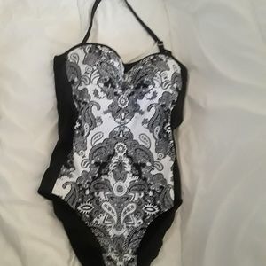 Black and White One Piece Halter Bathing Suit